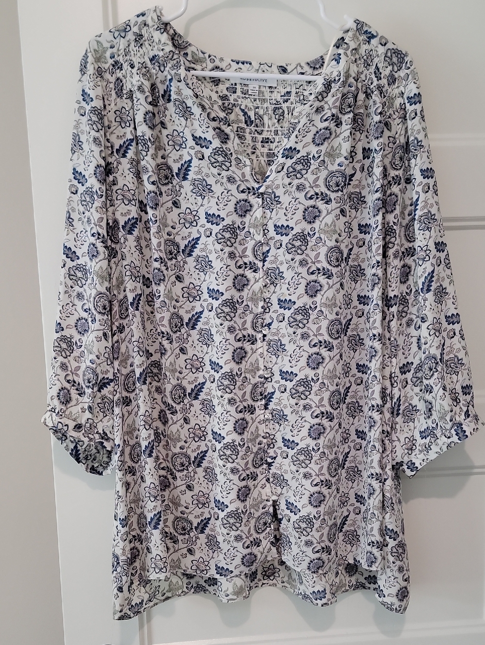 Rose & Olive Blue and Cream Floral Smocked Top